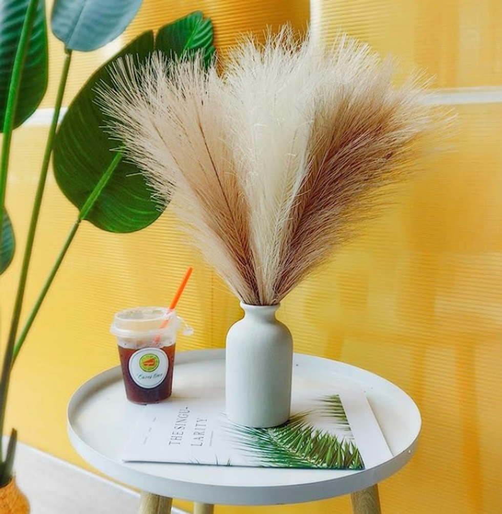 Lot de six plantes de pampass artificielles s\u00e9ch\u00e9es.