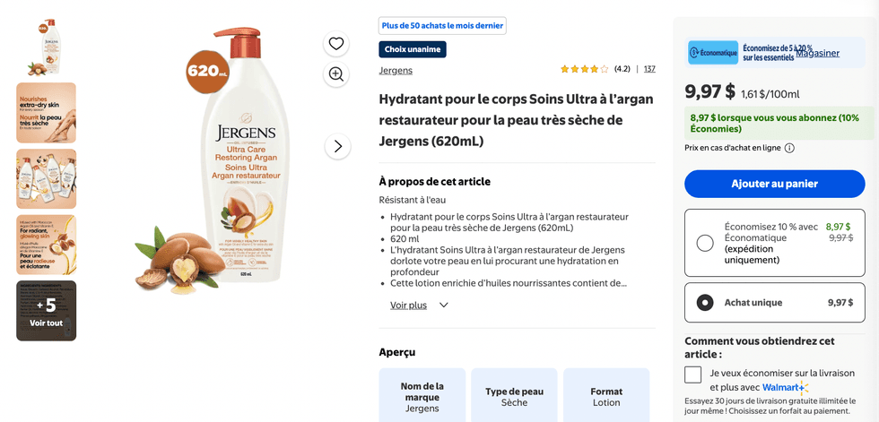 Lotions Jergens 620 ml vendues sur le site Web de Walmart.