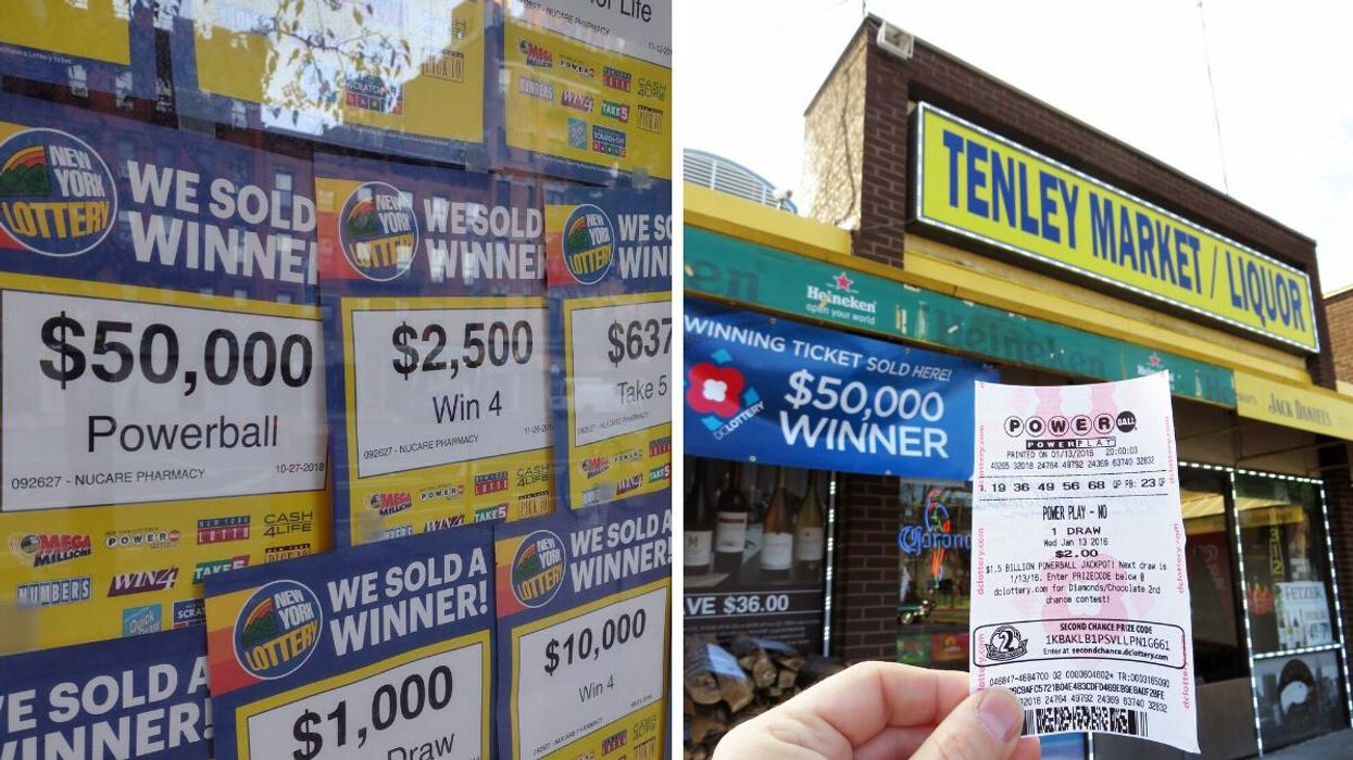 Lottery jackpot ads in New York. Right: A Powerball lottery ticket.