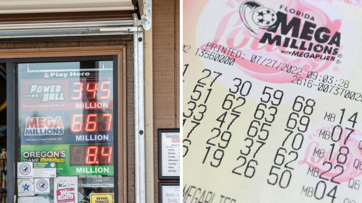 Lottery store signs. Right: A Mega Millions lottery ticket.