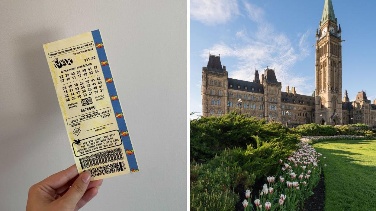 Lottery ticket. Right: Ottawa Parliament Building.
