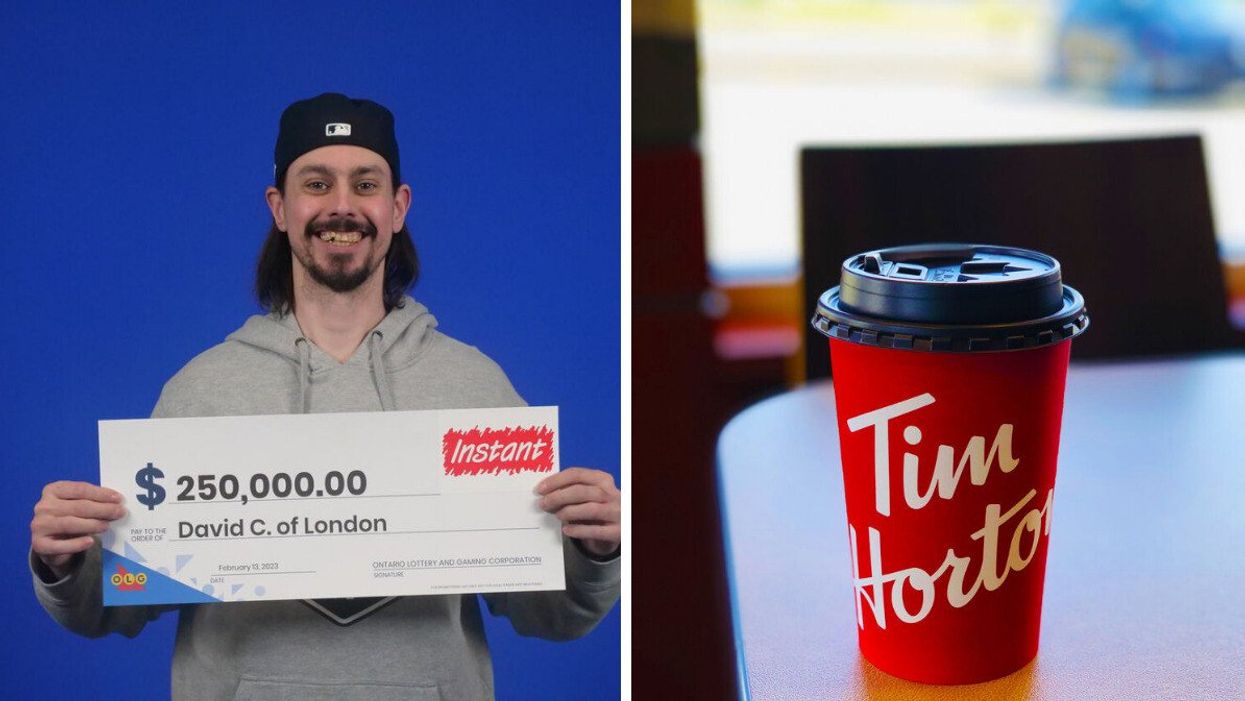 Lottery winner in Ontario, David Cornell. Right: Tim Hortons coffee cup.