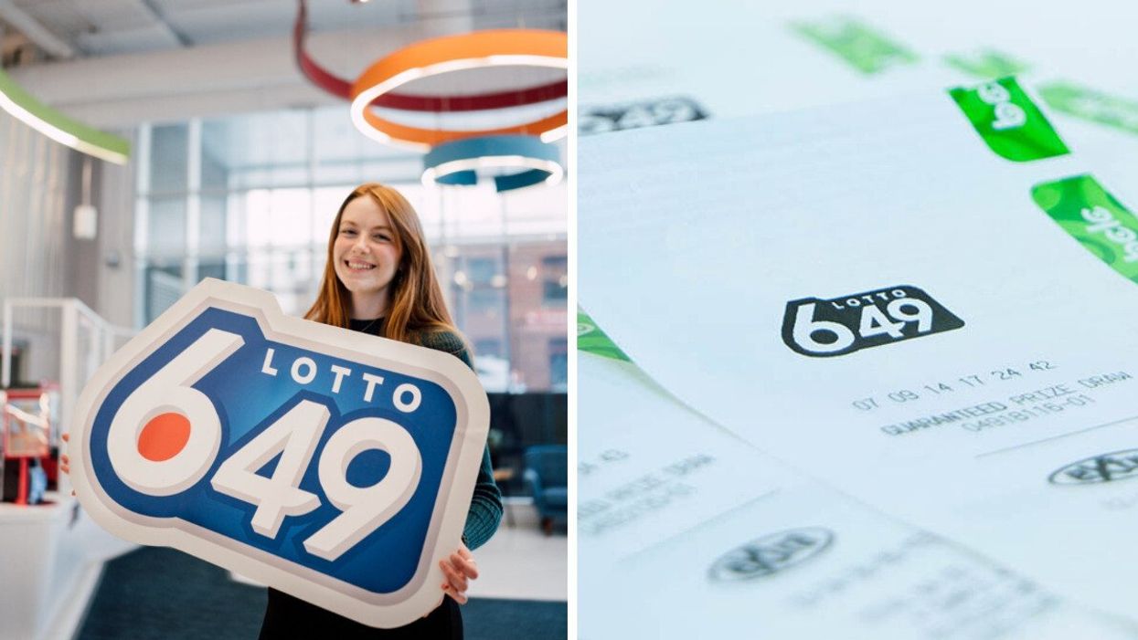 Lotto 6/49 sign. Right: Lotto 6/49 ticket.
