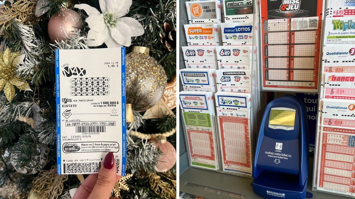 Lotto Max ticket in front of a Christmas tree. Right: Lottery ticket kiosk.