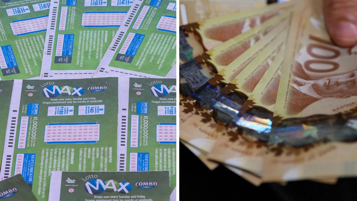 Lotto Max tickets. Right: Canadian $100 bills.