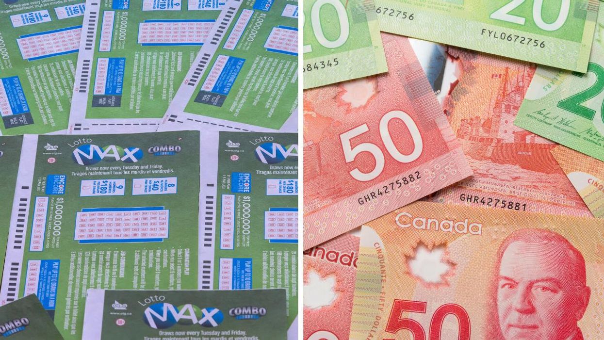 Lotto Max tickets. Right: Canadian money.
