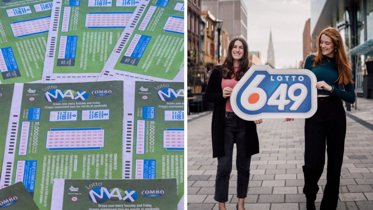 Lotto Max tickets. Right: People holding a Lotto 6/49 sign.