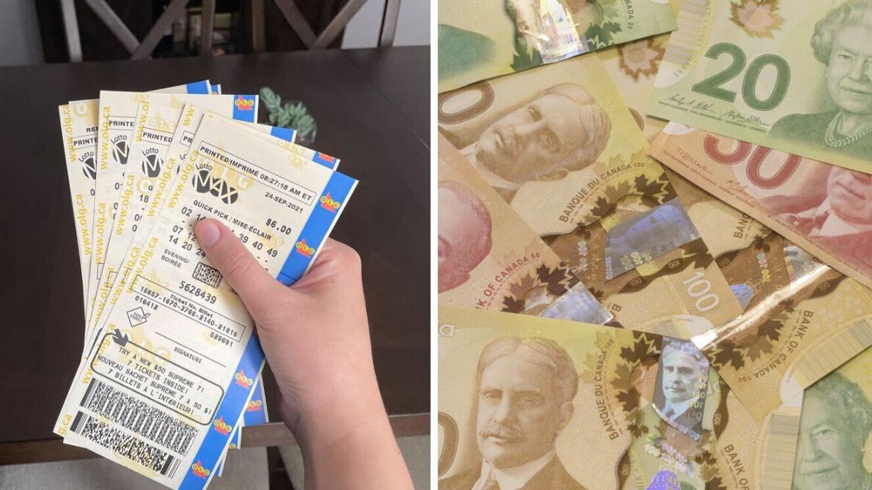 Lotto Max tickets. Right: Pile of Canadian money including $100, $50 and $20 bills.