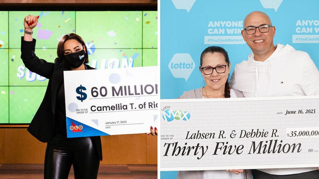 Lotto Max winner Camellia Kazemi Talachi. Right: Lotto Max winners Lahsen Rezrazi and Debbie Ramsay.