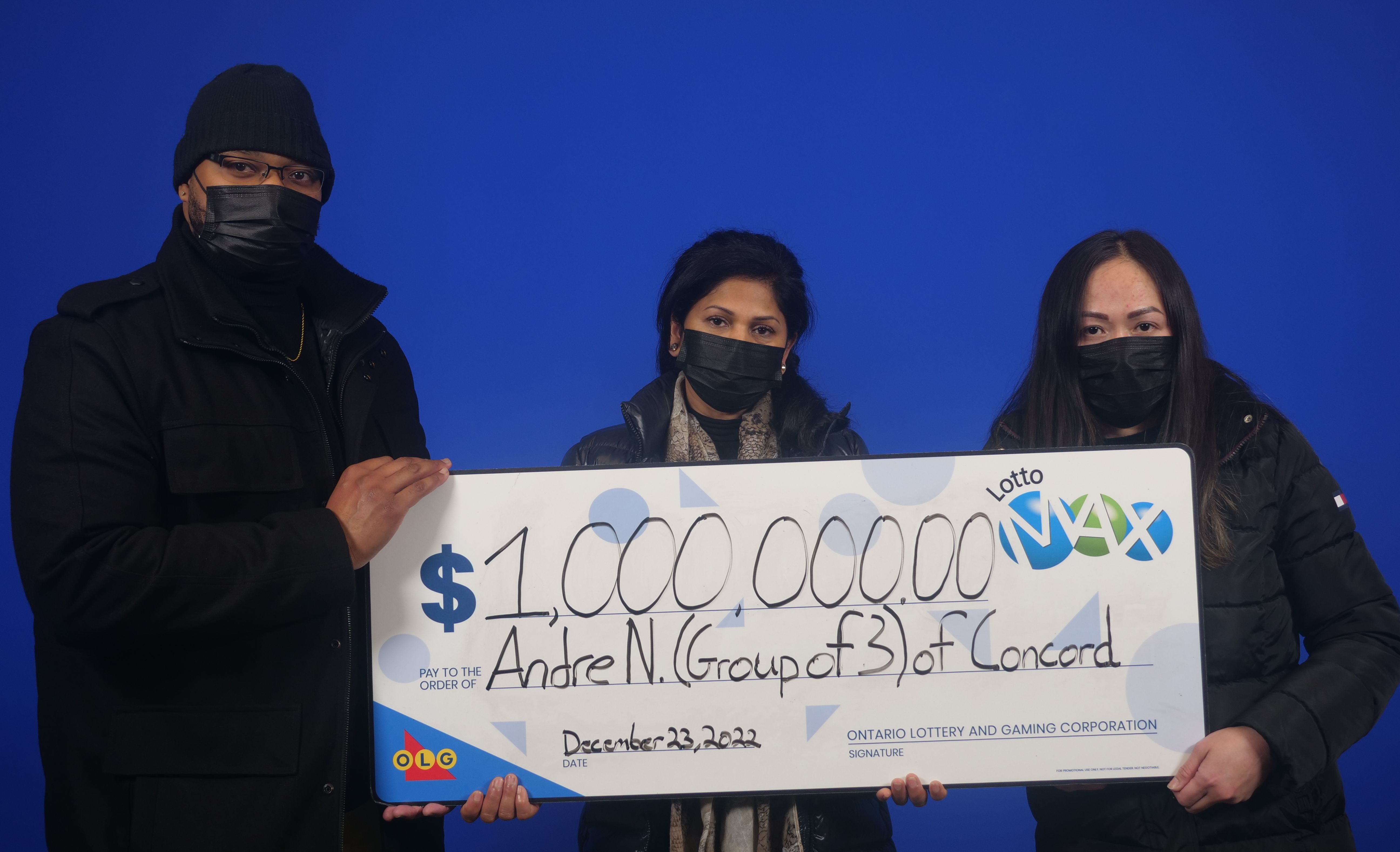 Lotto Max winners, Andre Nicholson, Aileen Mendoza, and Ponrose Antonipillai.