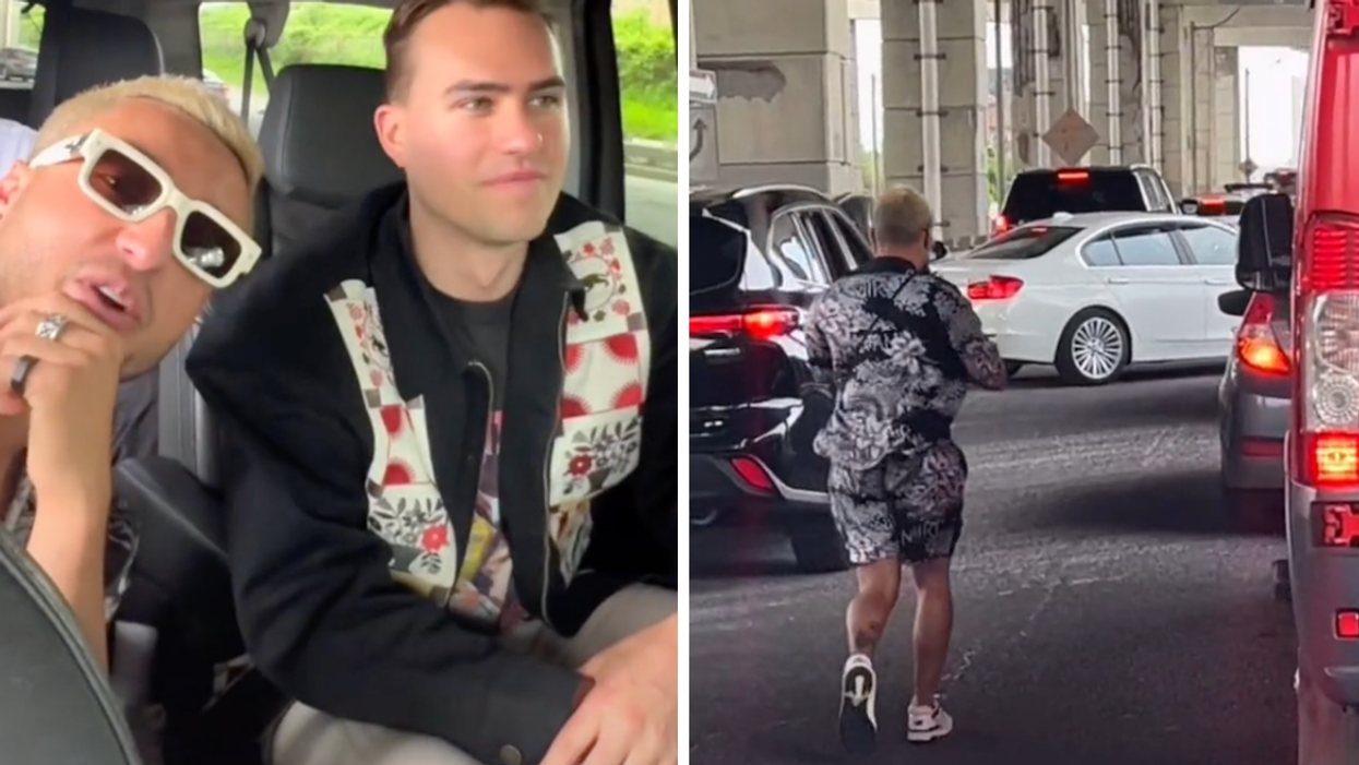 Loud Luxury sitting in a car on route to their Toronto show. Right: One membre of the duo walking among cars.