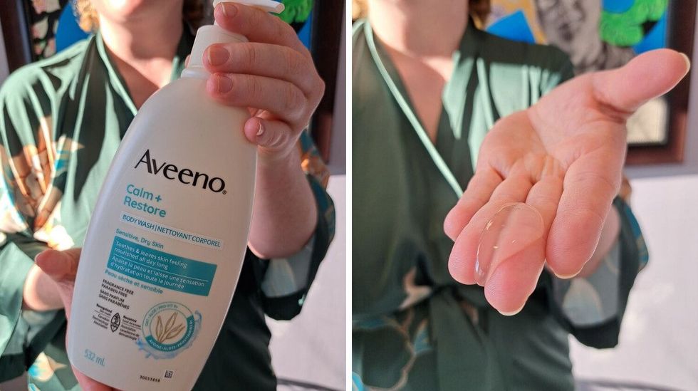 Louie Murray holds a bottle of Aveeno Calm + Restore Body Wash to the camera. Right: Louie Murray showing a dollow of clear body cleaning gel on their hands to the camera.