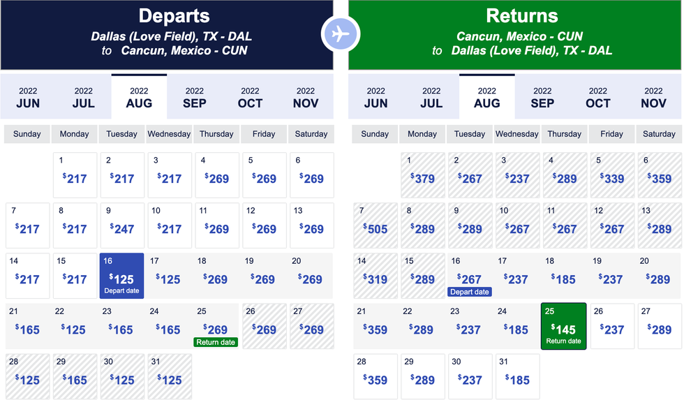 Low Fare Calendar: DAL-CUN.