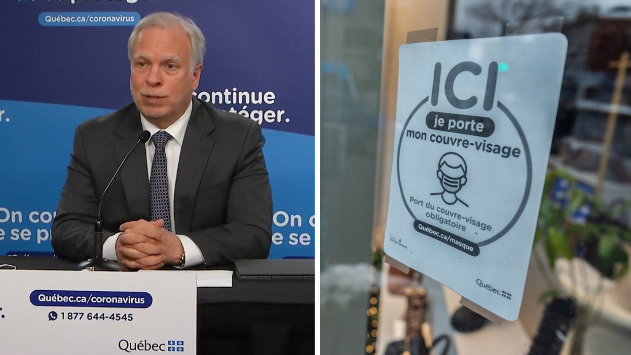 Luc Boileau. Droite : Affiche stipulant le port du couvre-visage obligatoire.