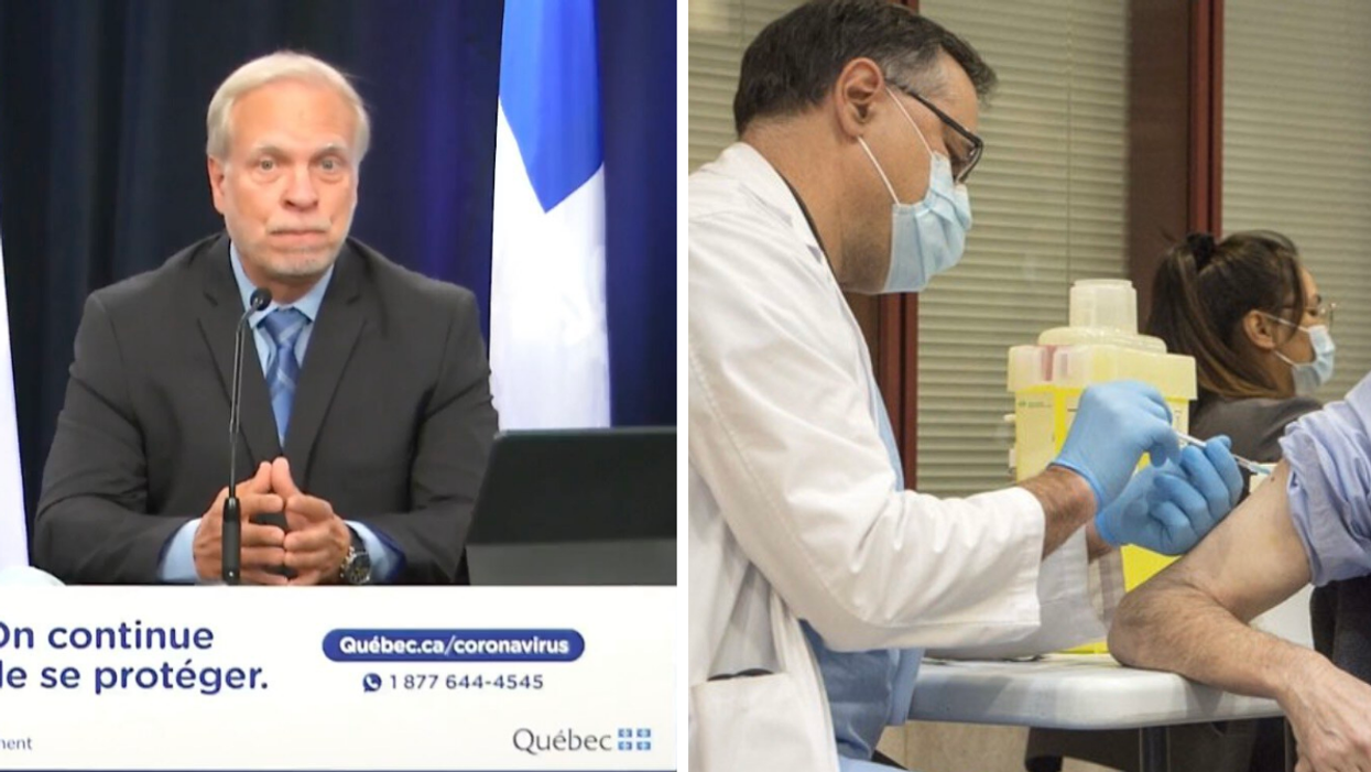 Luc Boileau. Droite : Homme se faisant vacciner.