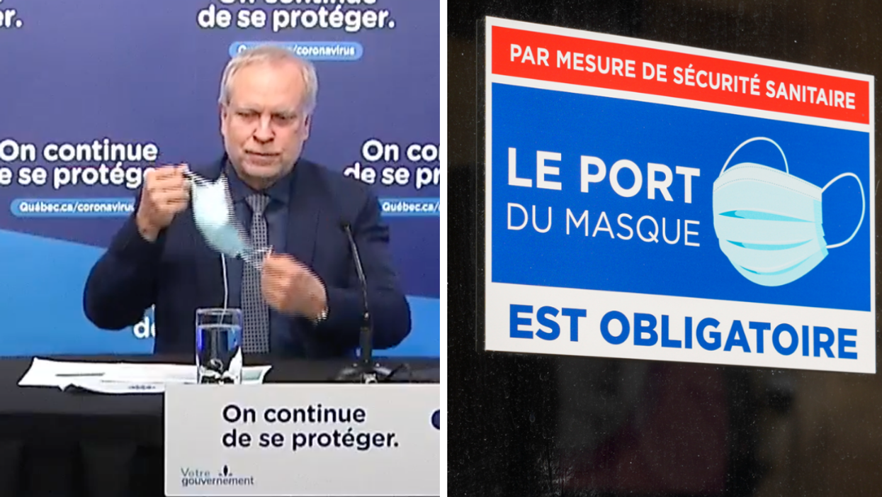 Luc Boileau, le directeur national de la santé publique par intérim. Droite : Affiche sur le port du masque obligatoire.