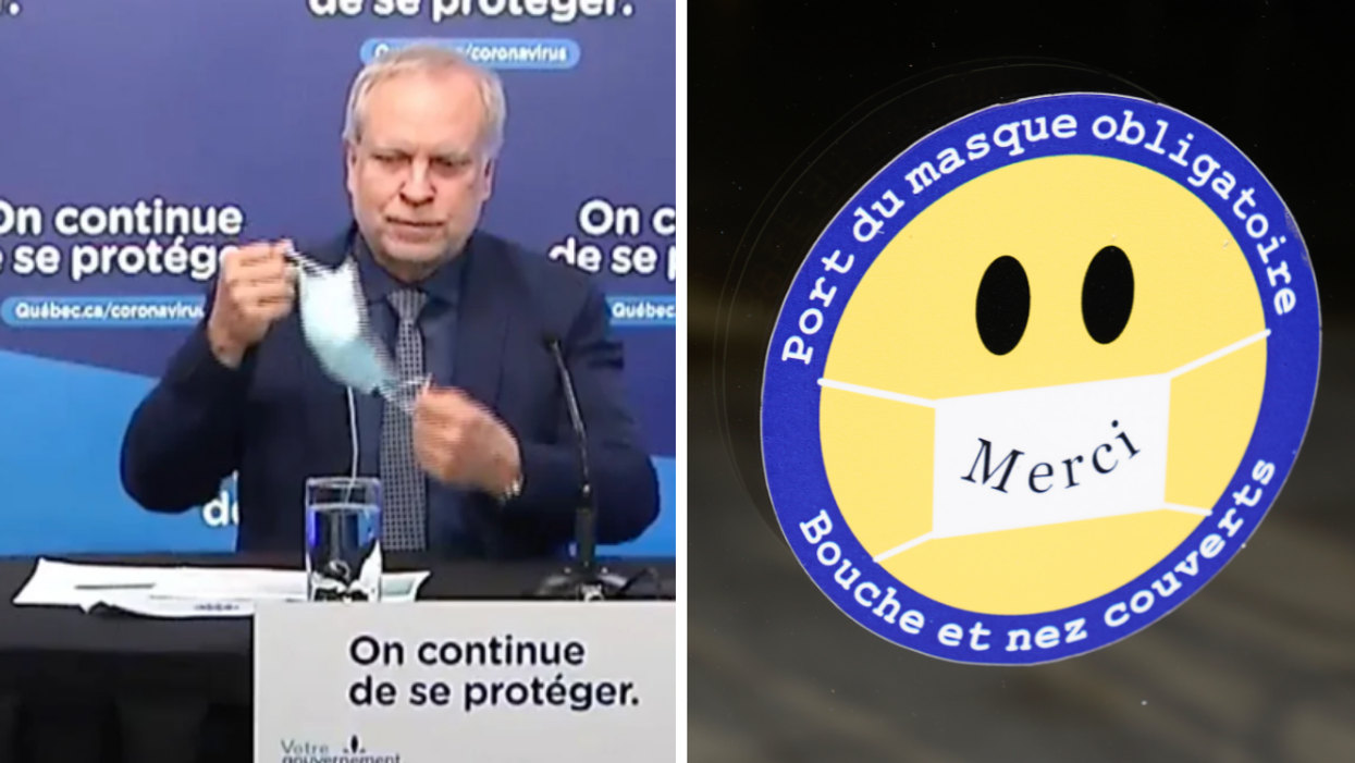Luc Boileau, le directeur national de santé publique par intérim. Droite : Pancarte sur le port du masque.