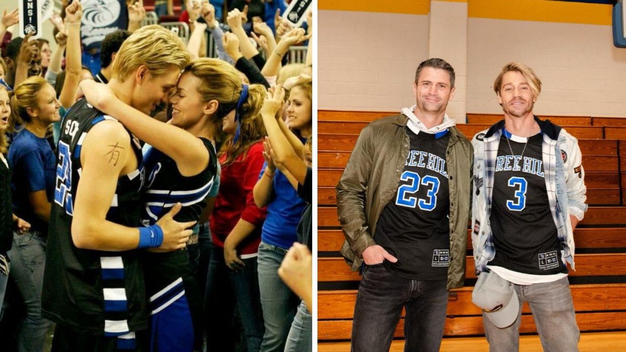 Lucas et Peyton de Les frères Scott lors d'un match de basketball. Droite: Les deux acteurs de Les frères Scott en 2023.