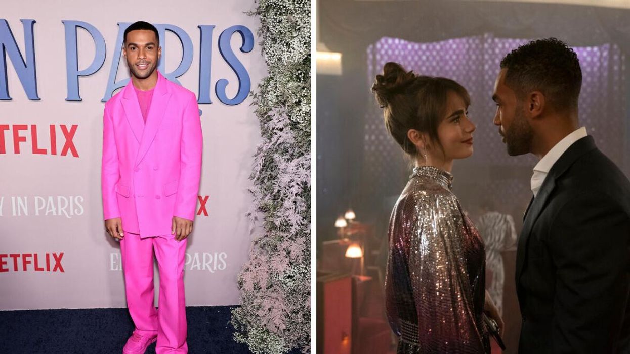 Lucien Laviscount at an "Emily In Paris" event in New York City on Dec. 15, 2022. Right: A scene in "Emily in Paris."
