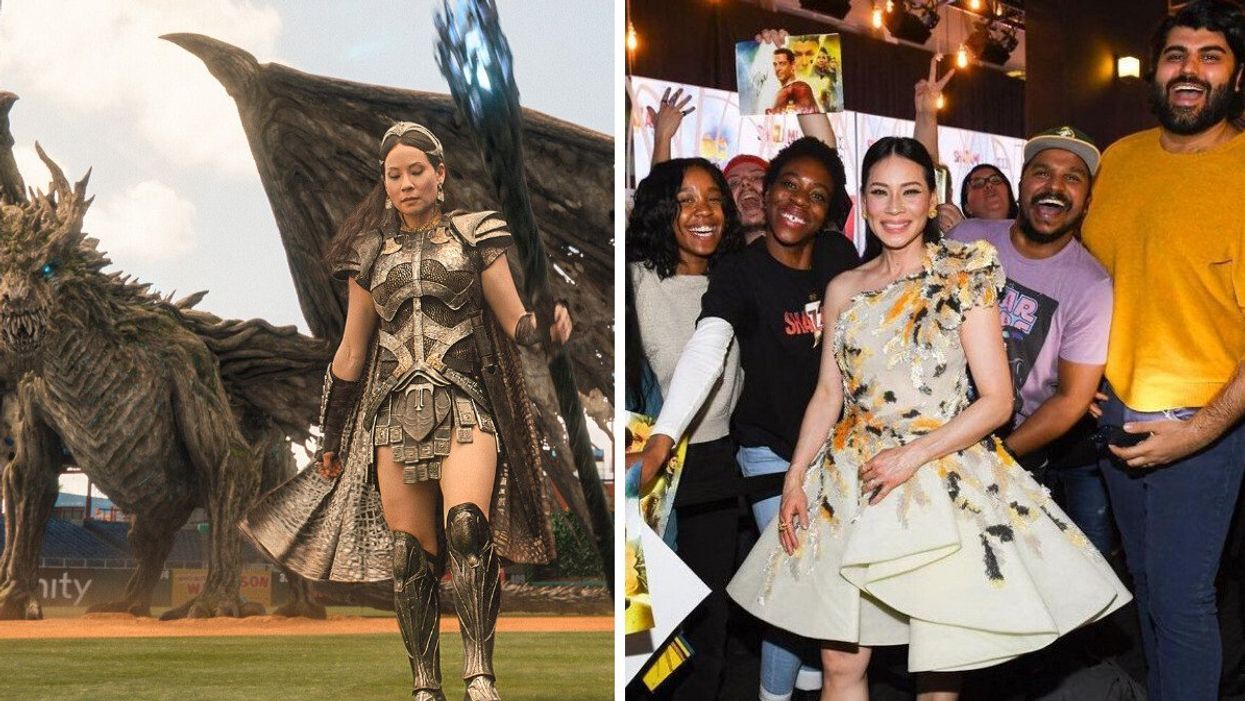 Lucy Liu as Kalypso in "SHAZAM! Fury Of The Gods." Right: Lucy Liu at Shazam 2's Canadian premiere in Toronto.