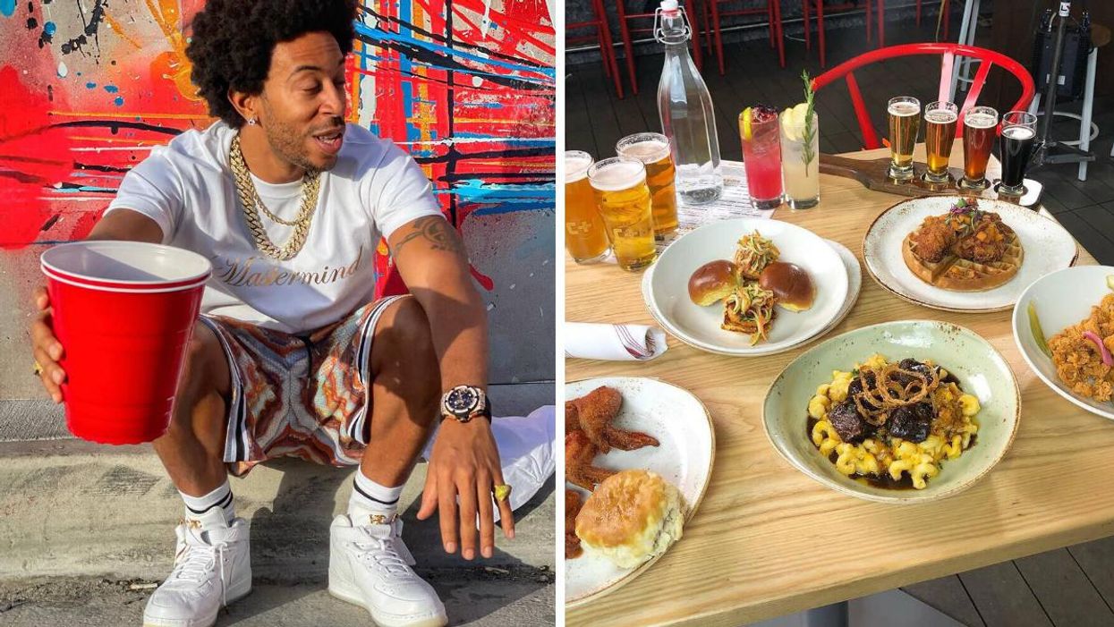 Ludacris holds a giant red solo cup. Right: A plate of food from Chicken + Beer restaurant.