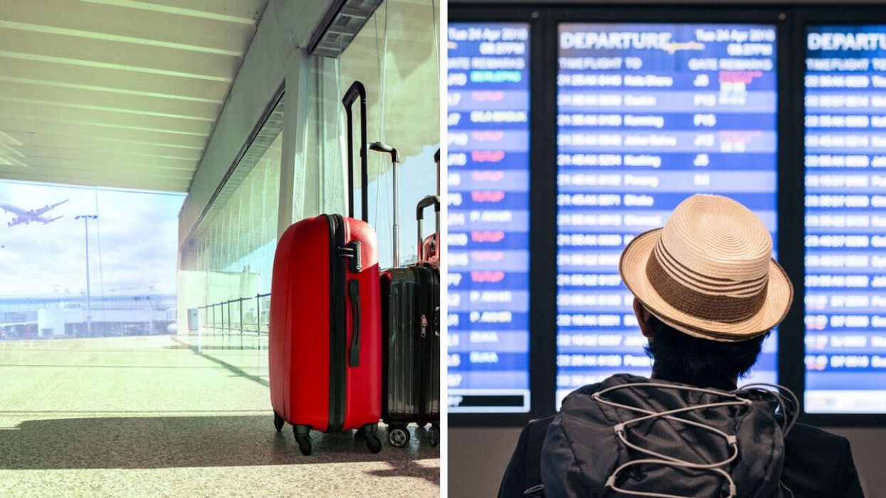 Luggage at an airport. Right: A person looks at an airport flight schedule.