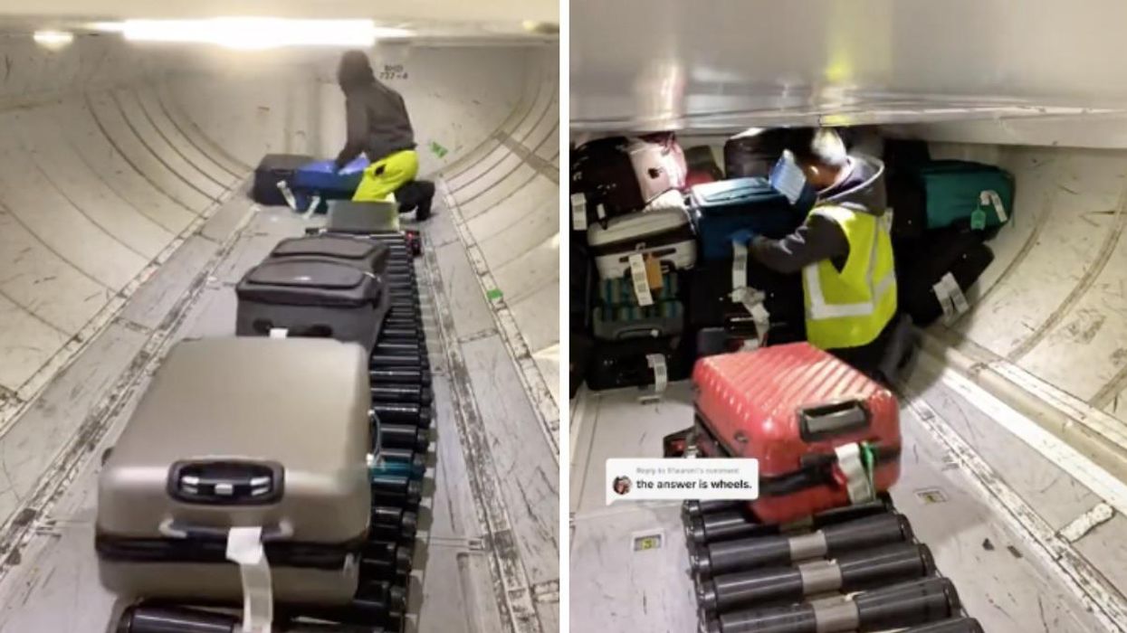 Luggage being loaded into a plane. Right: Bags being taken off a plane.