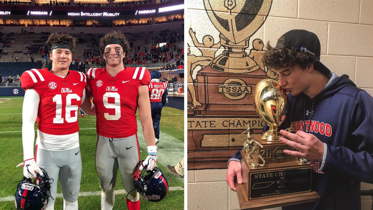 Luke and Dawson Knox playing for Ole Miss. Right: Luke Knox kissing a trophy.