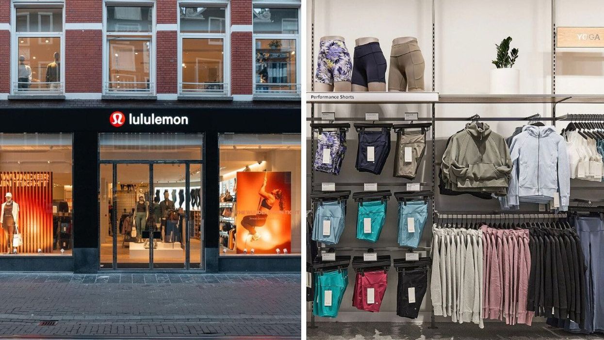 Lululemon sotrefront. Right: Lululemon products including sweaters and jackets.