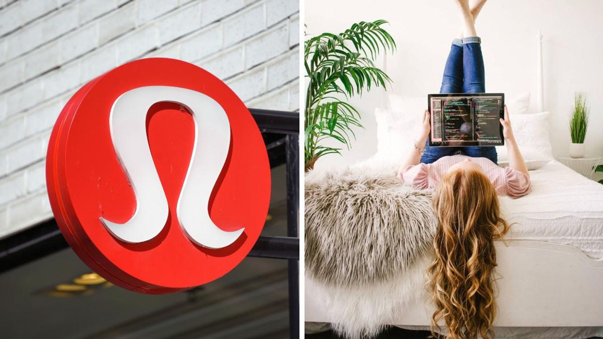 Lululemon store sign. Right: A woman working from bed.