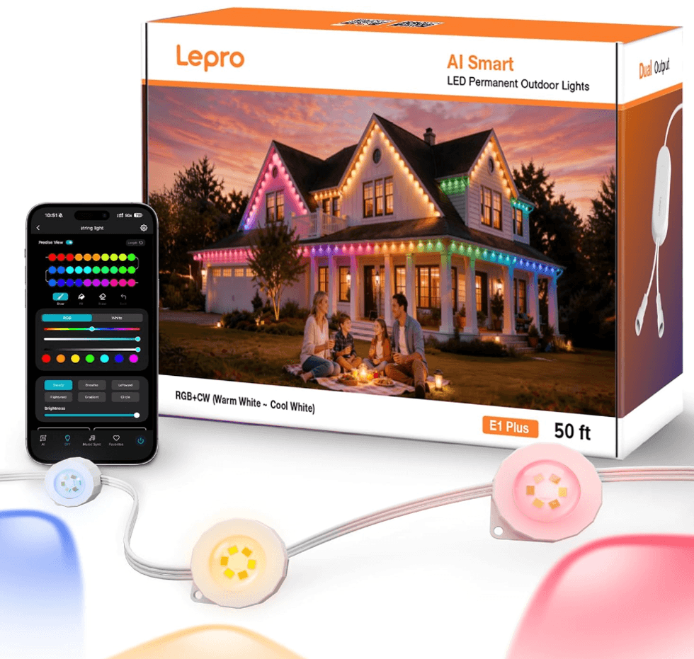 Lumi\u00e8res ext\u00e9rieures permanentes Lepro E1 Plus de 15,2 m avec \u00e9clairage multicolore personnalisable sur le site d'Amazon Prime.
