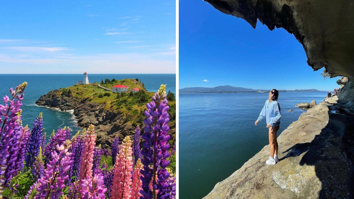 Lupines on an island in New Brunswick. Right: A person on an island in B.C.