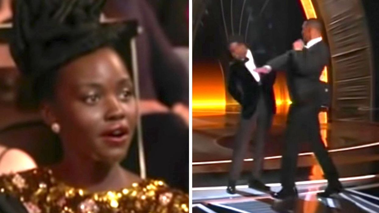 Lupita Nyong'o reacts to Chris Rock and Will Smith slap at Oscars 2022. Right: Will Smith slaps Chris Rock.