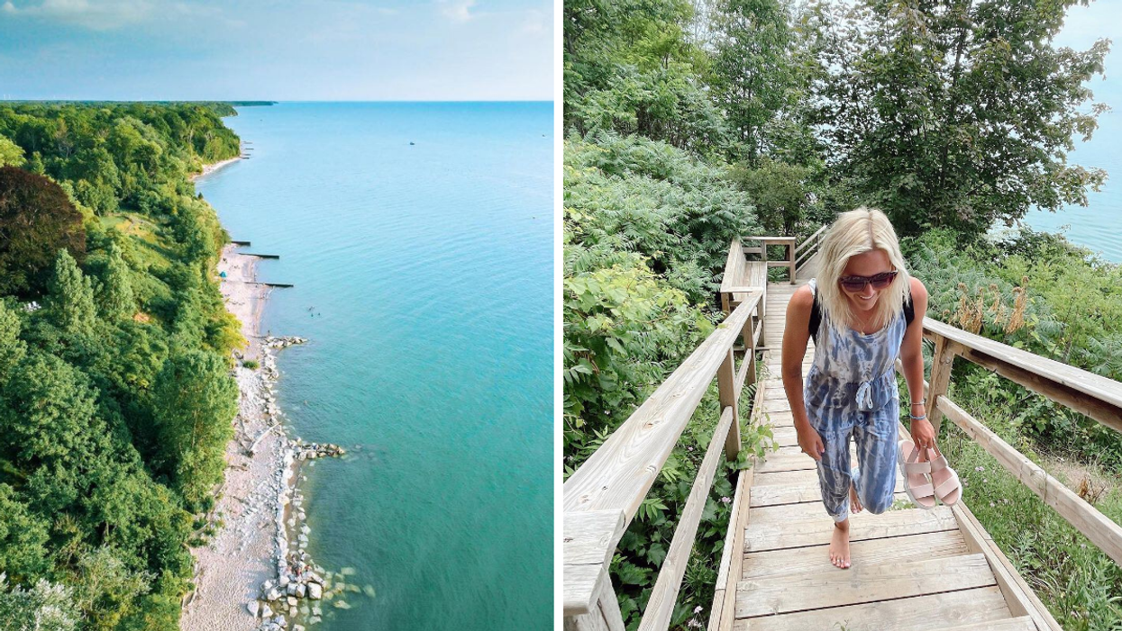 Lush forest with a sandy shore on a blue water lake. Right: Wooden staircase leading to the beach.