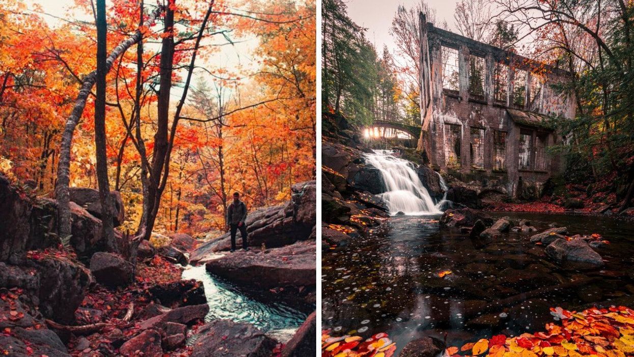 Luskville Falls. Right: Carbide Wilson Ruins.