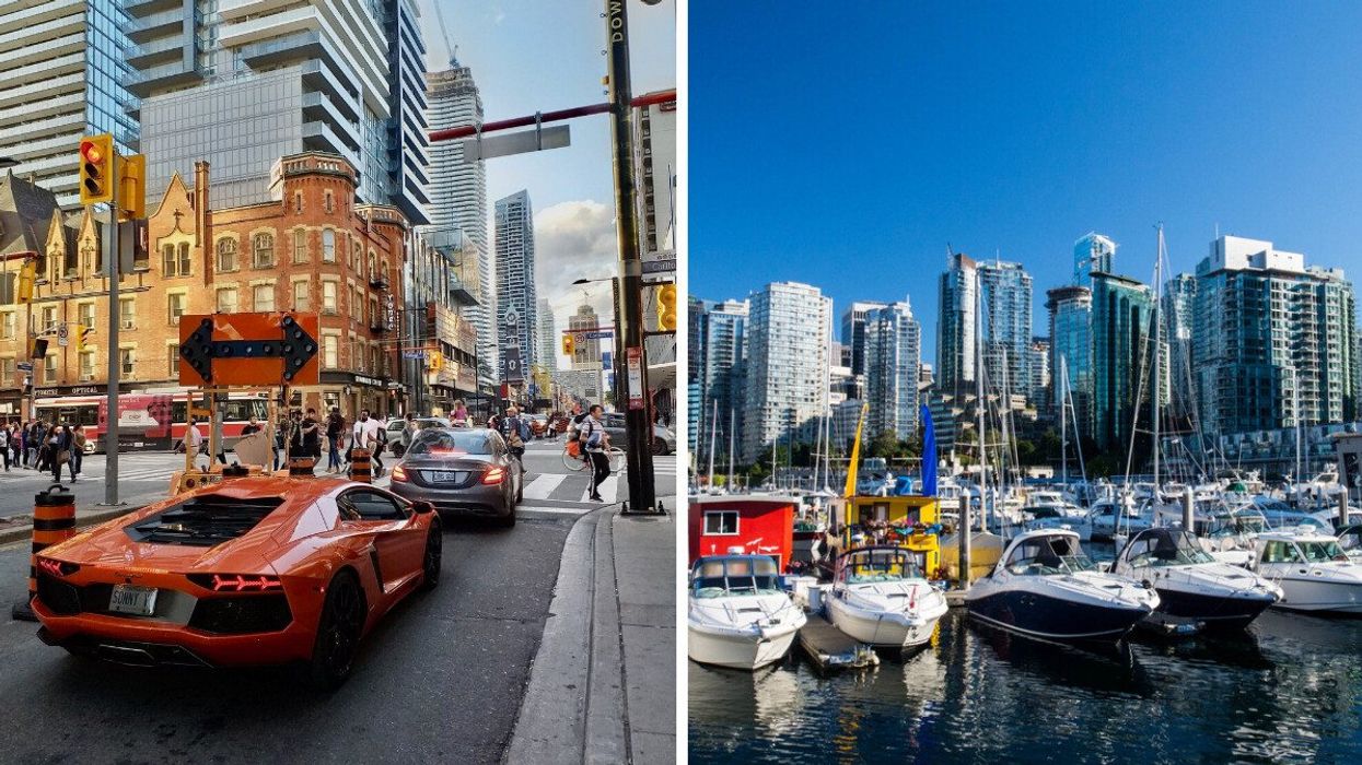 Luxury sports car on a Toronto street. Right: Luxury yachts and condos at Vancouver's harbour.