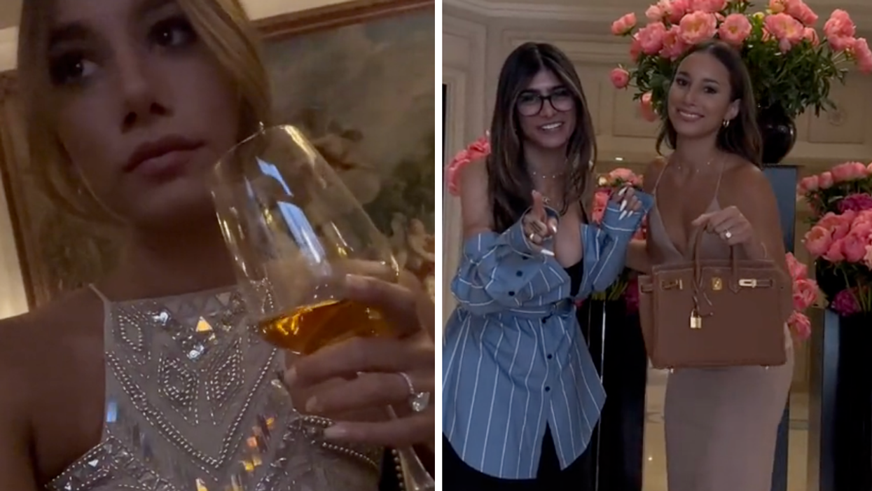 Lya Mariella. Right: Mia Khalifa and Lya Mariella holding a Birkin.