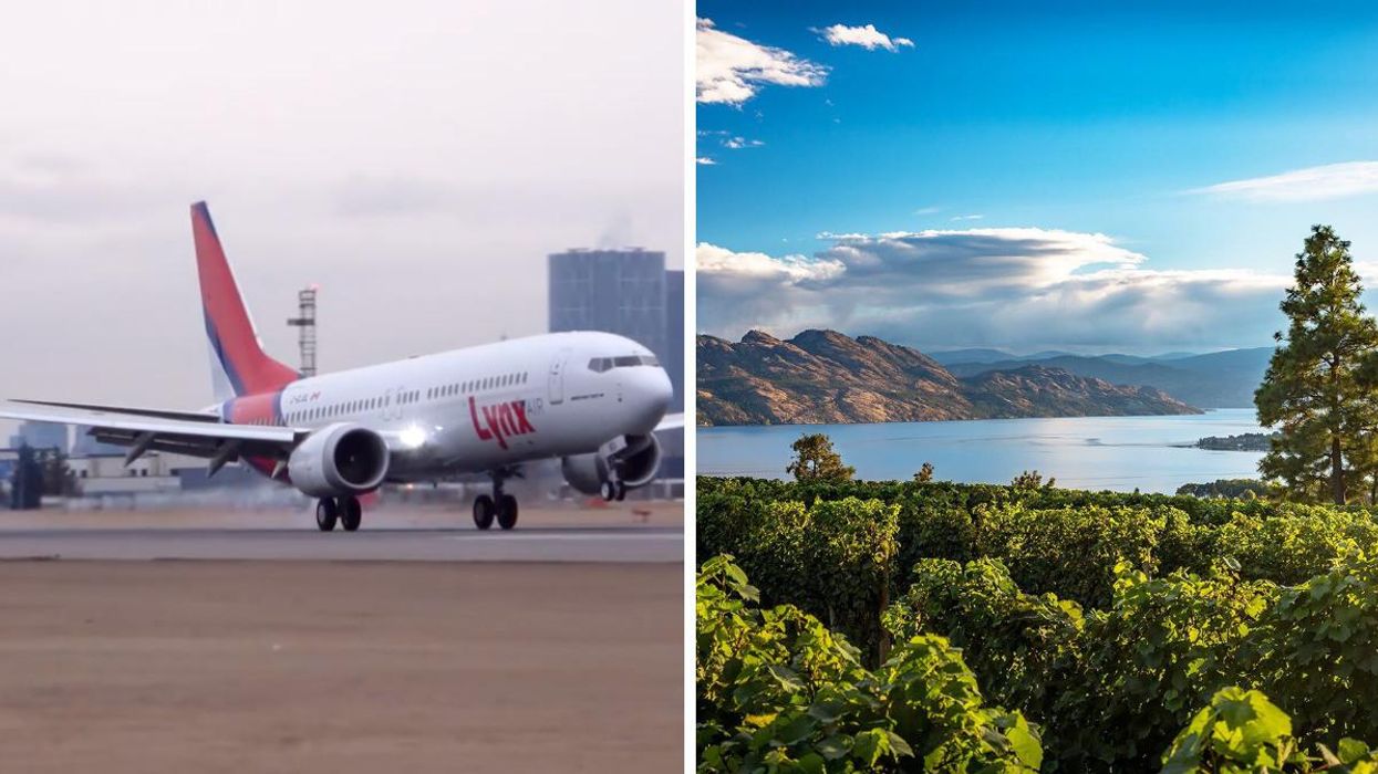 Lynx Air airplane. Right: Kelowna, B.C.