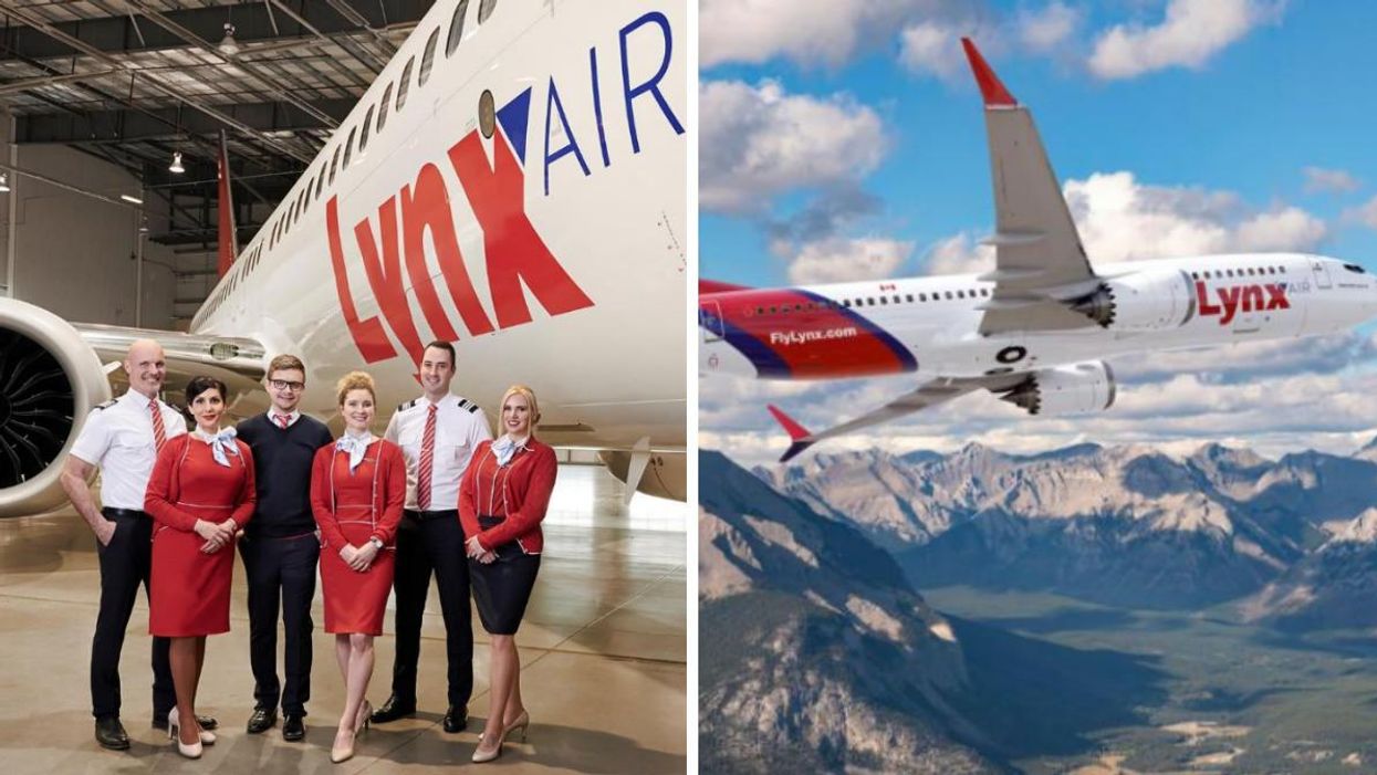 Lynx Air cabin crew. Right: A Lynx Air plane in flight.