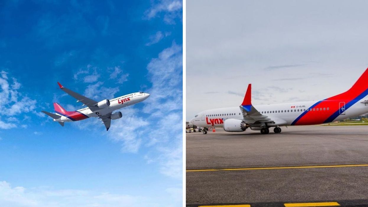 Lynx Air plane flying in the sky. Right: Lynx Air plane on the runway at the Kelowna International Airport.