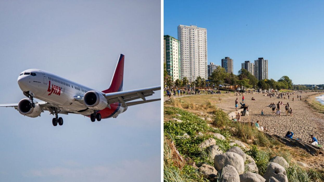 Lynx Air plane. Right: Vancouver beach.