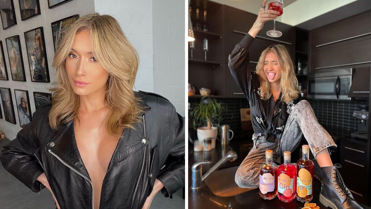 Lysandre Nadeau poise devant un mur de photos. Droite : Lysandre Nadeau assise sur un comptoir avec un cocktail et trois bouteilles d'alcool.