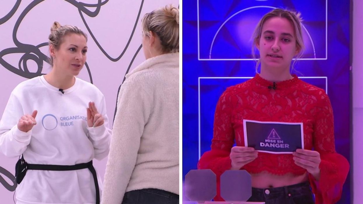 Lysanne parle à Éléonore à Big Brother Célébrités. Droite : Éléonore annonce la mise en danger à Big Brother Célébrités.