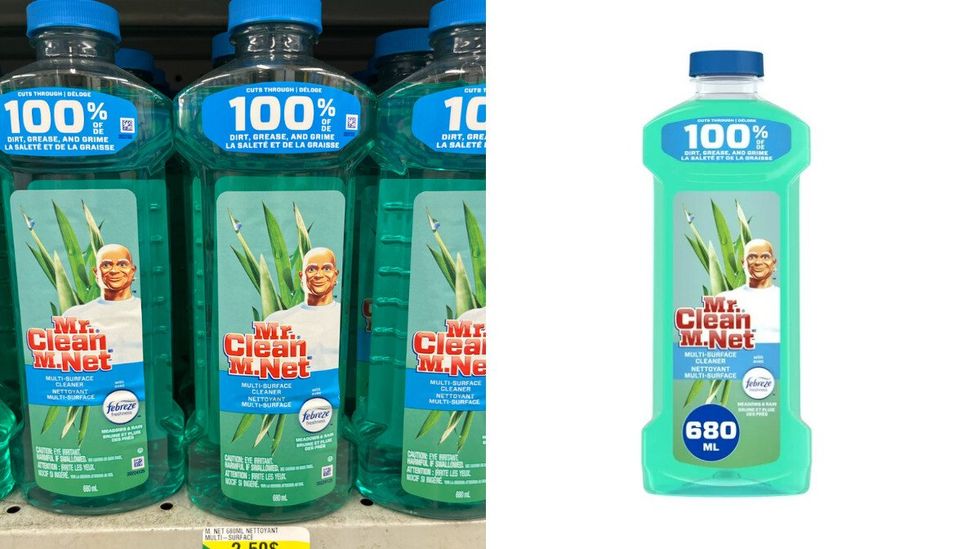 M. Net Nettoyant Multi-Surfaces avec Parfum Febreze au Dollarama. Droite : M. Net Nettoyant Multi-Surfaces sur le site du Walmart.