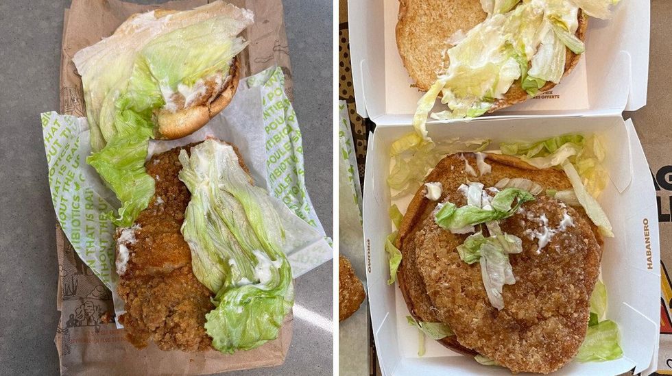 M\u00c9GAcroustillant Poulet Chubby du A&W. Droite : MacPoulet du McDonald's.