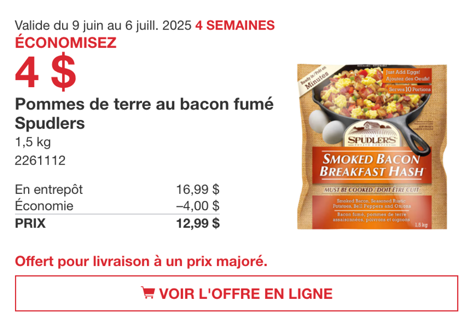 M\u00e9lange d\u00e9jeuner Spudlers en rabais dans la circulaire du Costco jusqu'au 6 juillet 2025.