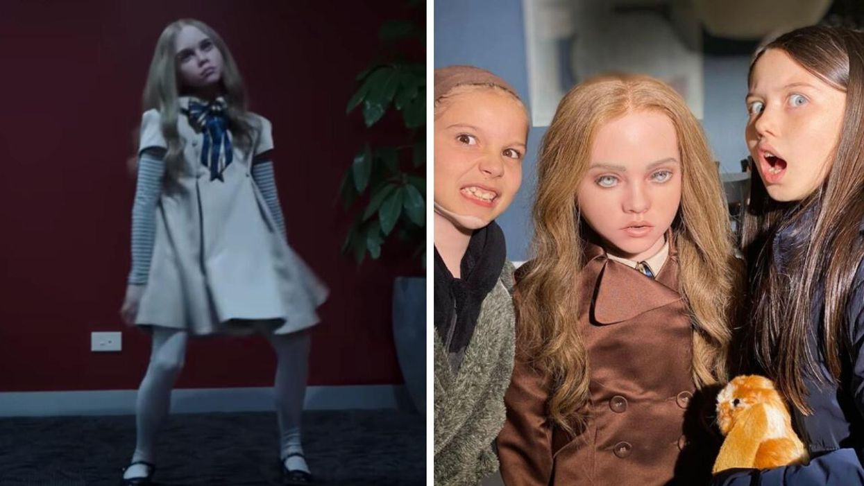 M3GAN. Right: Amie Donald, M3GAN and Violet McGraw.