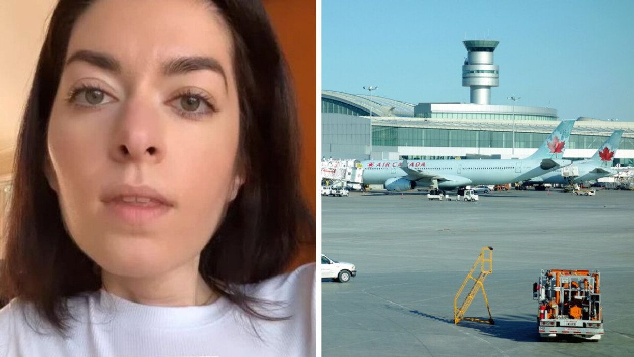 Maayan Ziv in her video. Right: Toronto Pearson Airport.