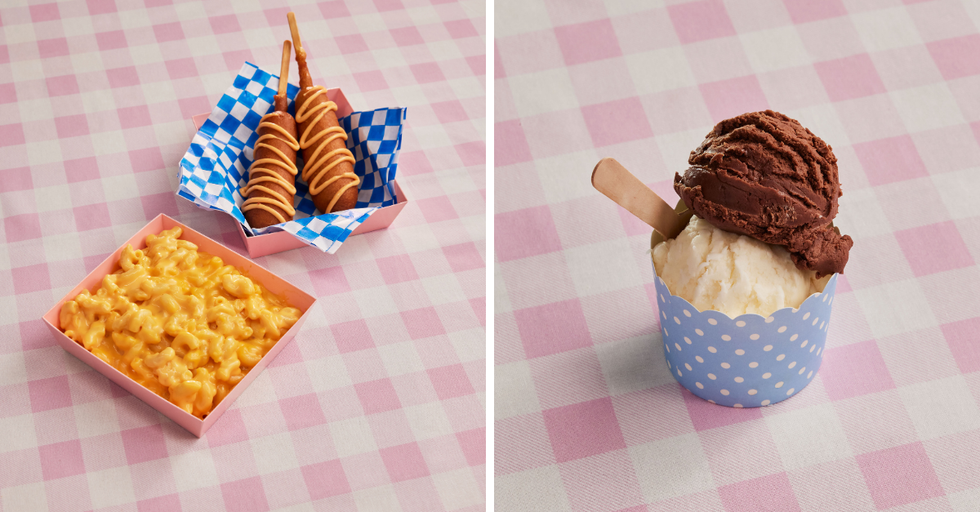 Mac and cheese and corndogs in takeaway containers. Right: Two scoops of ice cream. 