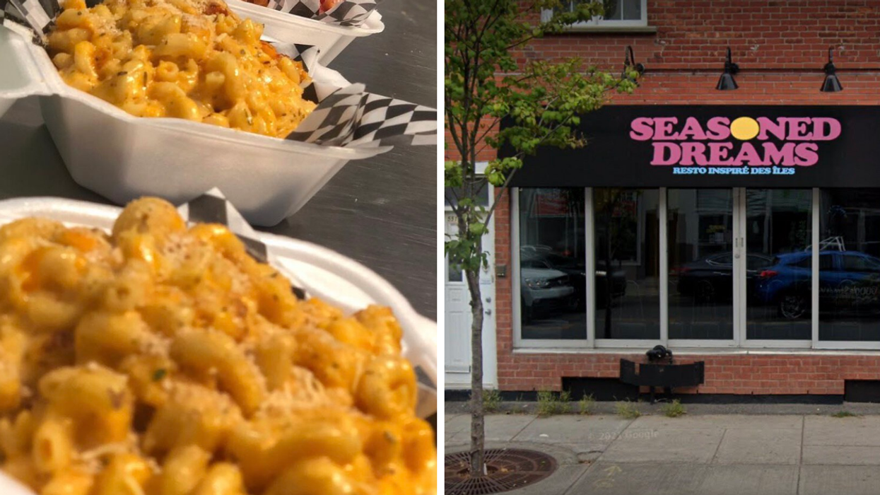 Macaroni au fromage. Droite : Façade du restaurant Seasoned Dreams, Montréal.